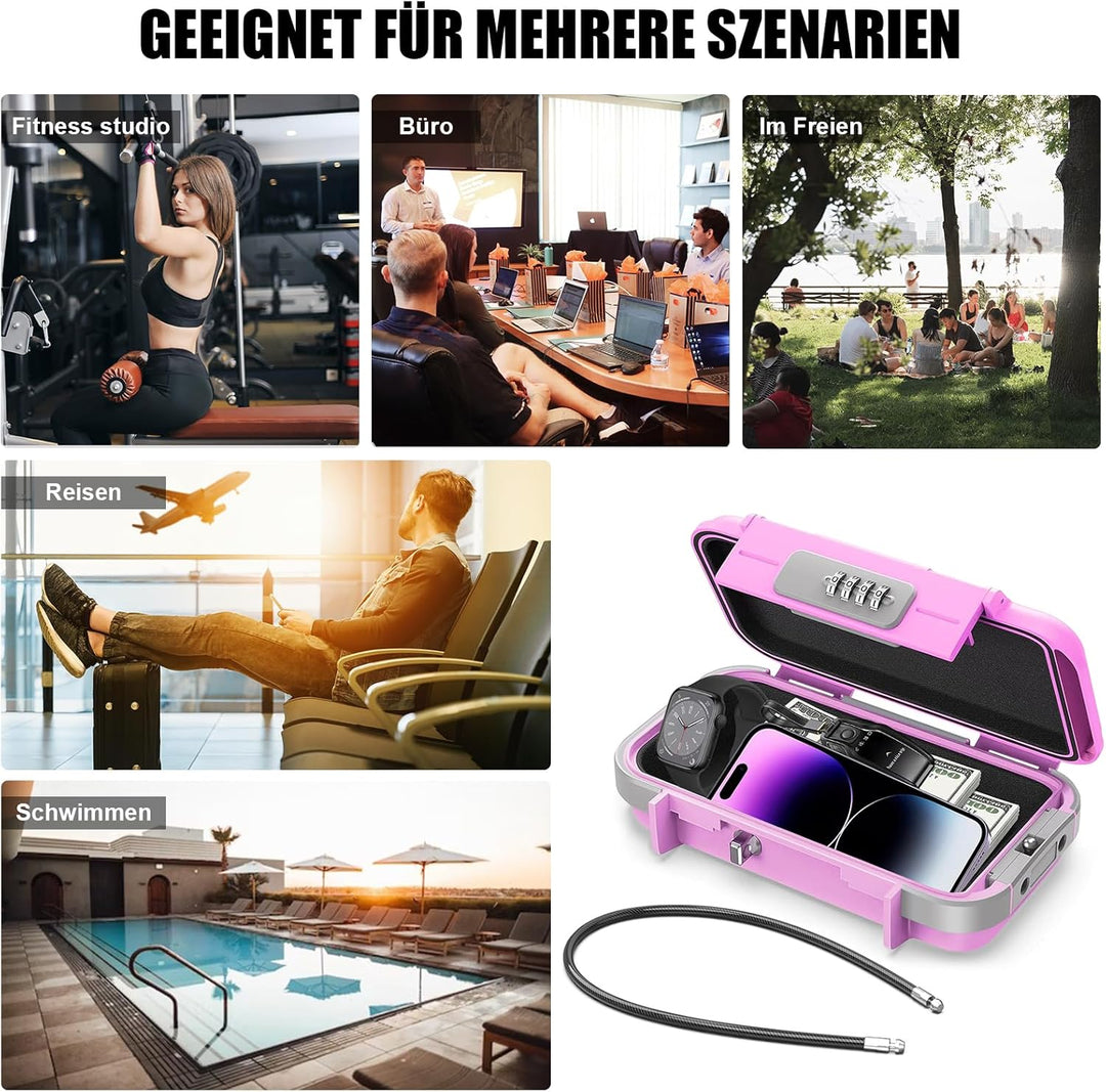 Kleiner Tresor mit 4 Stellig Zahlenschloss, Tragbare Safe Sicherheitsbox mit Abnehmbarem Drahtseil,