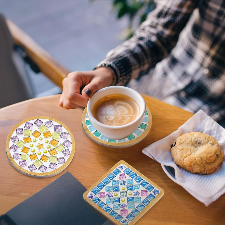 OGMBI 10 Stück DIY Mosaik Untersetzer Bastelset, Bunte Glasfliesen Coaster Set mit Holzuntersetzer,