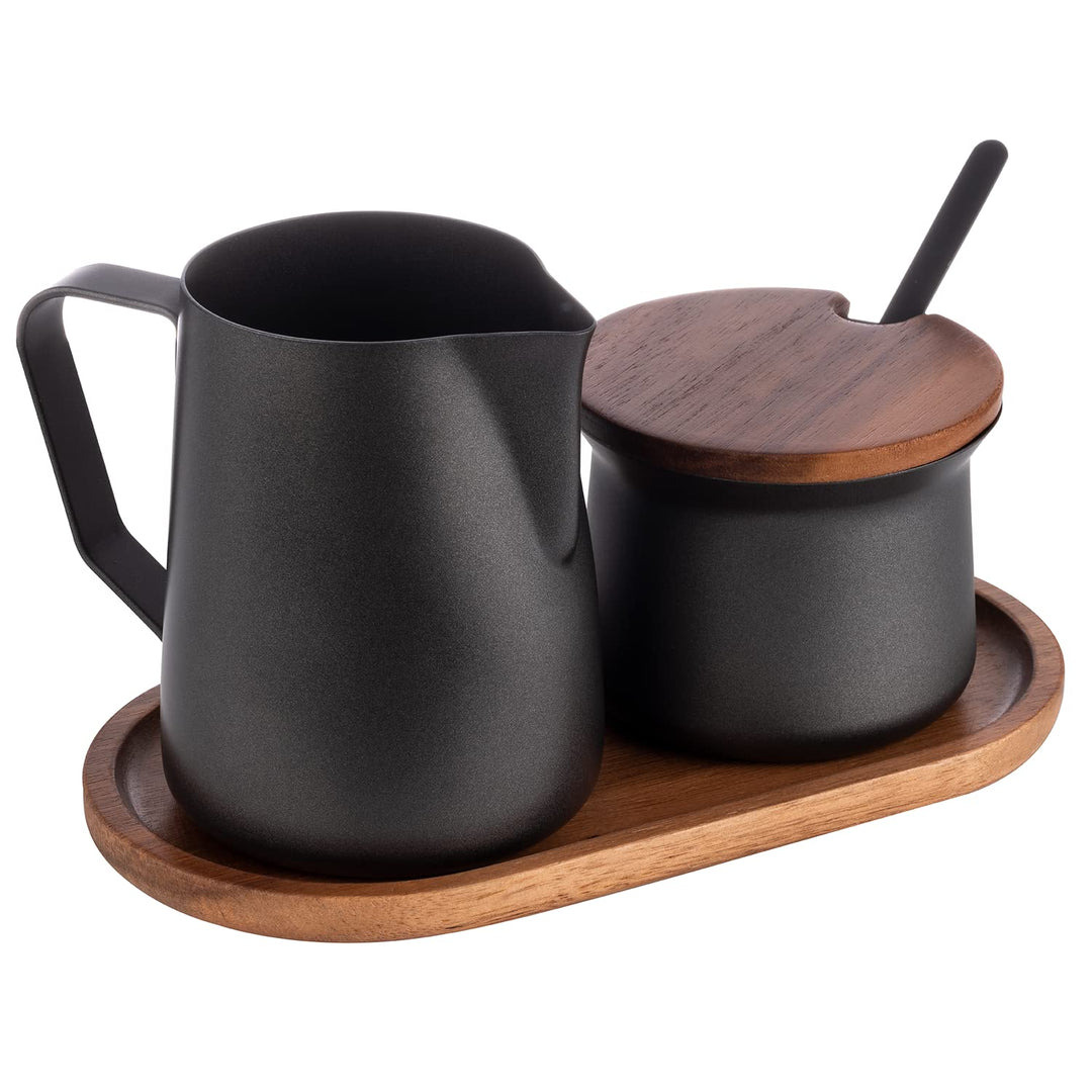 APS 634 Milch- und Zucker-Set, 5-tlg. Set, Akazienholz, Edelstahl, antihaft beschichtet, schwarz, Sc
