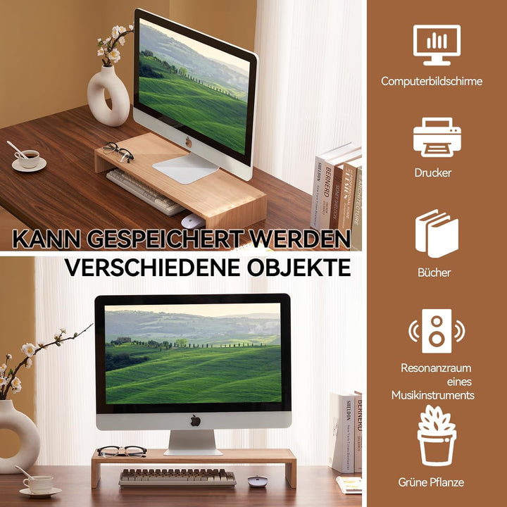 KIRIGEN Holz Monitorständer – Desktop Organizer für PC/Laptop/TV/Drucker | Büro-Aufsatz mit Stauraum