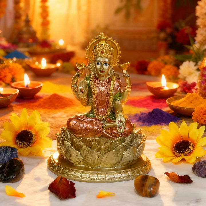 Hindu-Göttin Laxmi Lotus-Skulptur - Indischer Gott Lord Lakshmi Puja Statue - Indien Murti Idol Figu