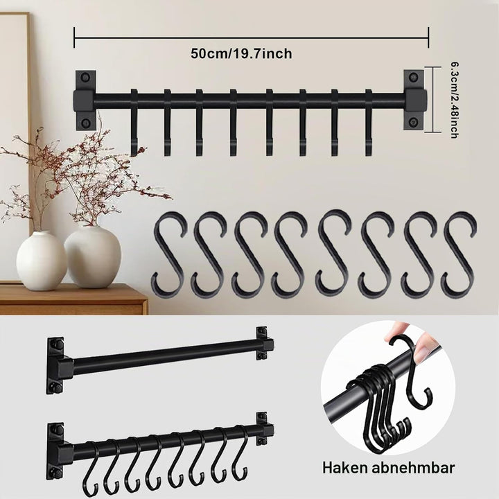 Smallboutique Schwarzer Aluminium-Utensilienhalter, Küchenregal zur Wandmontage, Küchenschienen-Pfan