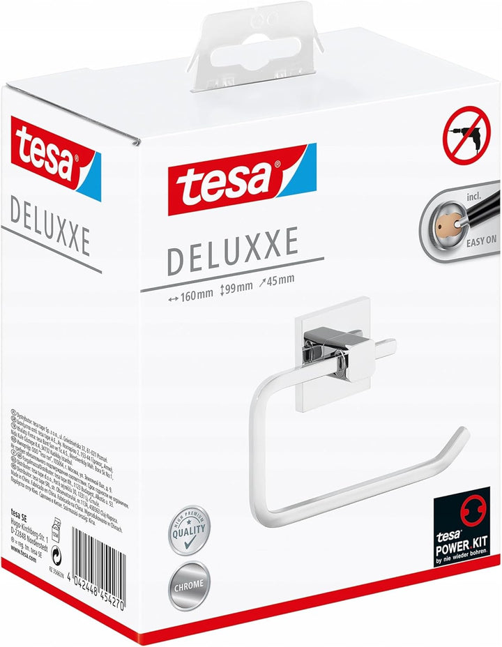 tesa DELUXXE Toilettenpapierhalter ohne Deckel, verchromt - zur Wandbefestigung ohne Bohren, inkl. K