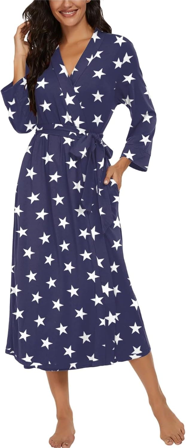 PrinStory Damen Bademantel Leichter 3/4 Ärmeln Morgenmantel V-Ausschnitt Kimono Roben Langes Nachtwä