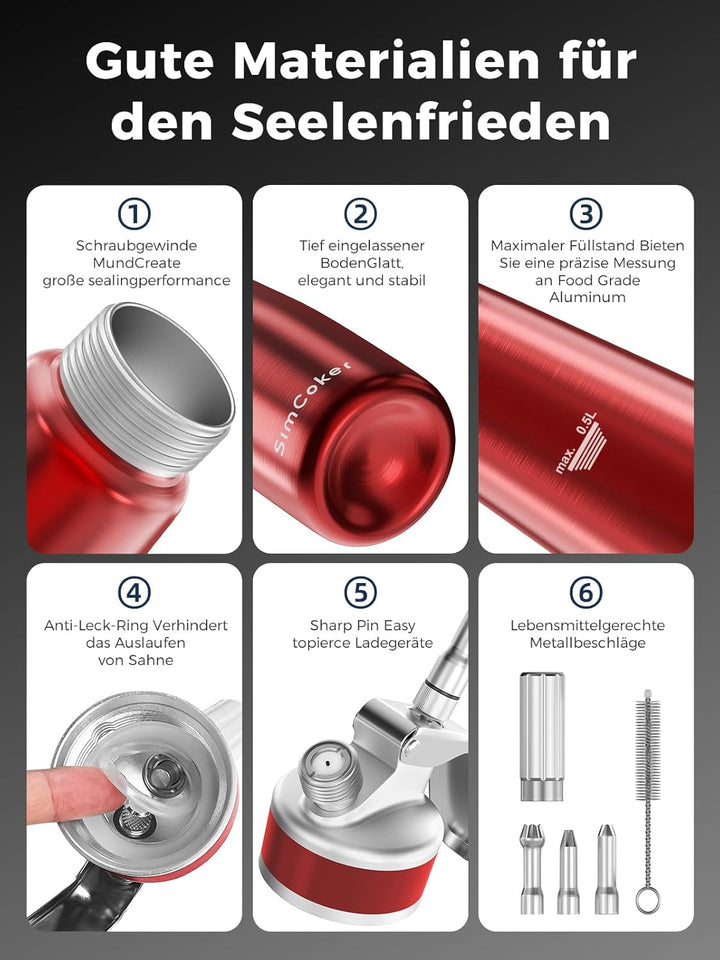 SimCoker Sahnespender 500ml, Aluminium Schlagsahnebereiter für Schlagsahne, Cremes und Sossen,Sahnes