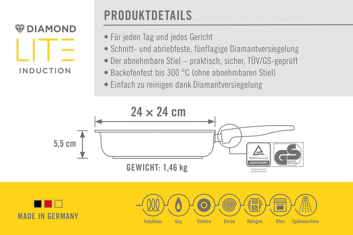 Woll Diamond Lite Guss-Pfanne viereckig - Induktiv, 24 x 24 cm, 5,5 cm hoch - Geeignet für alle Herd
