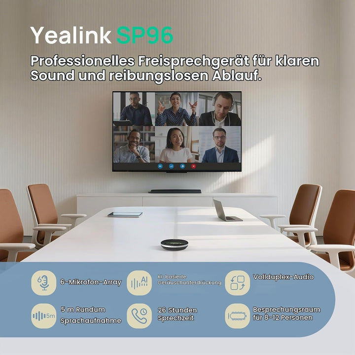 Yealink SP96 Bluetooth Konferenzlautsprecher, Tragbarer Lautsprecher mit 30 m Reichweite, 6 Mikrofon