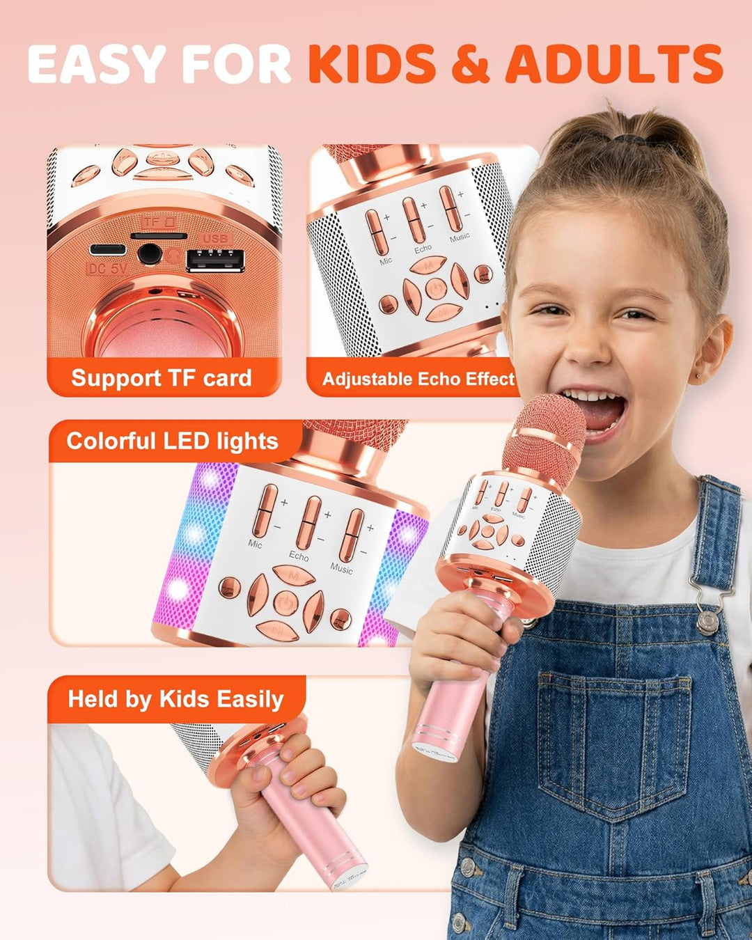 BONAOK Karaoke Mikrofon Bluetooth, 4 in 1 Drahtlos Karaoke Mikrofone,Tragbare LED Kinder Karaoke Mik