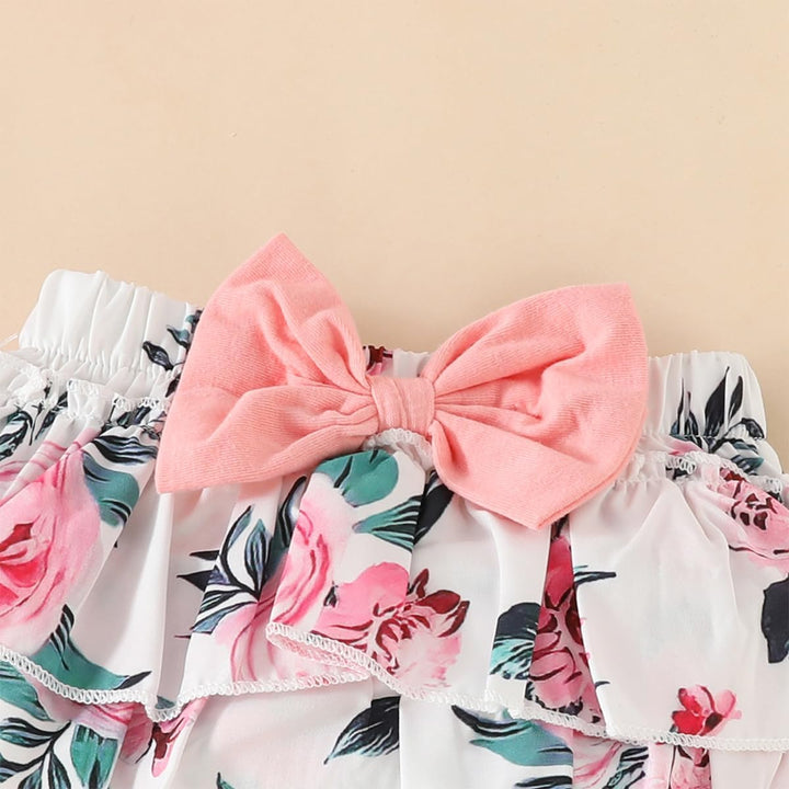 Neugeborene Baby Mädchen Sommer Outfit Rüschen Kurzarm Top+ Bowknot Bloomers Tutu Rock Shorts+ Stirn