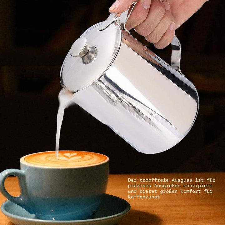 Nikou Schaumbecher, Edelstahl Kaffeetasse Becher Milch Schaumkrug Krug mit Deckel für Latte Coffee A