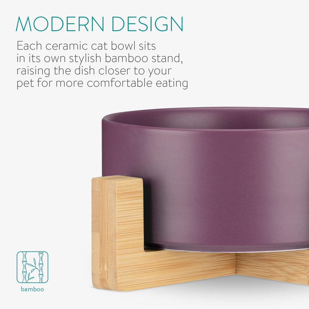Navaris 2X Futternapf Katze mit Bambus Halter - Futterstation 2X Keramiknapf für Katzen Hunde - Kera