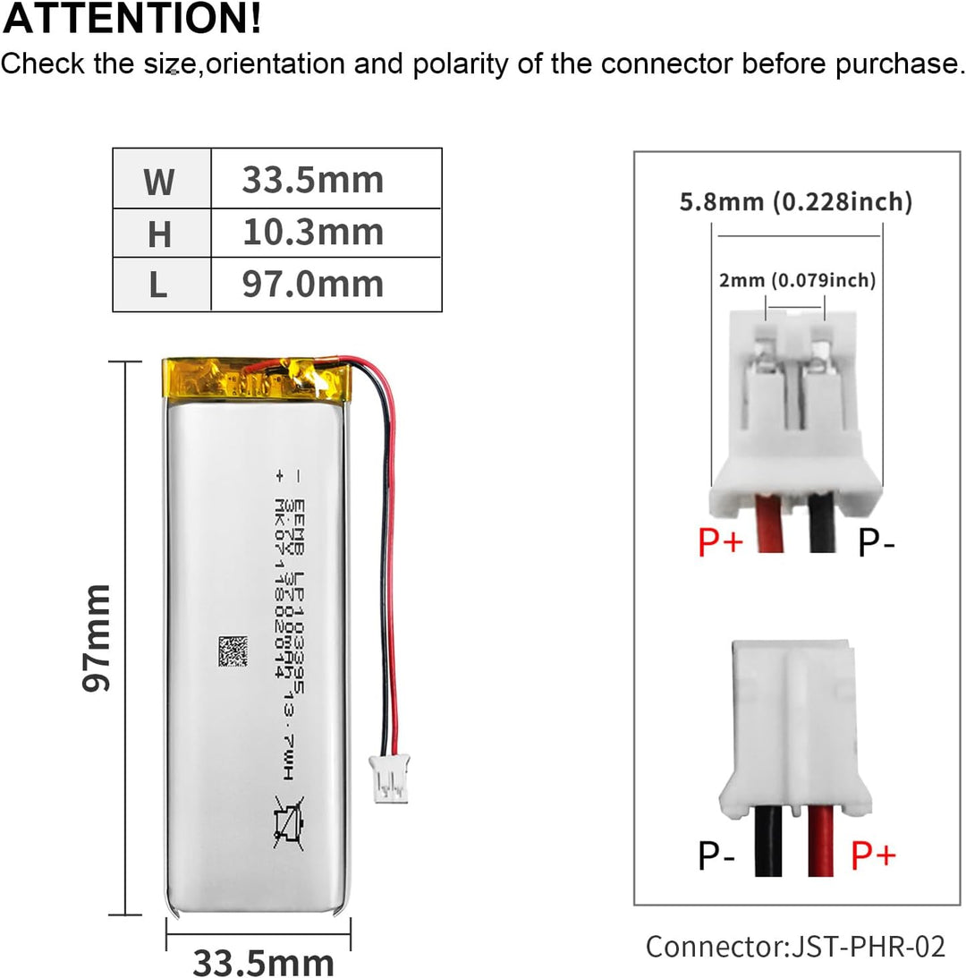EEMB 3.7V Lipo Batterie Akku 3700mAh 103395 Lithium Polymer Batterien mit JST Stecker, Schutzplatine