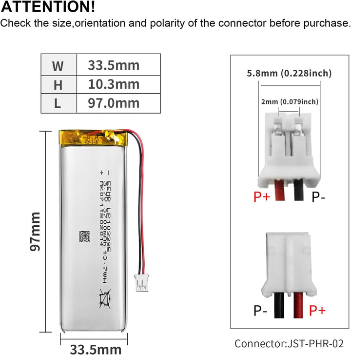 EEMB 3.7V Lipo Batterie Akku 3700mAh 103395 Lithium Polymer Batterien mit JST Stecker, Schutzplatine