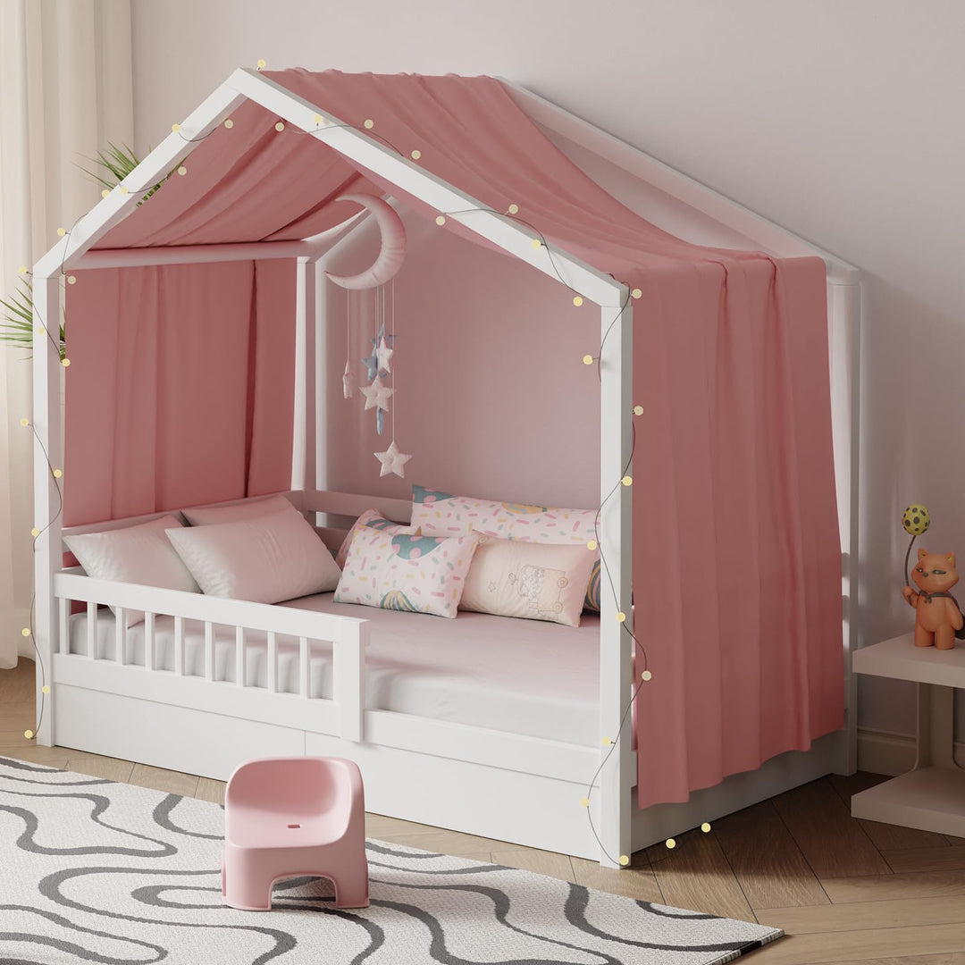 Hausbett Himmel mit Lichterkette 1 Stück Deko Baldachin Hausbett Vorhang,Betthimmel Stoffhimmel Haus