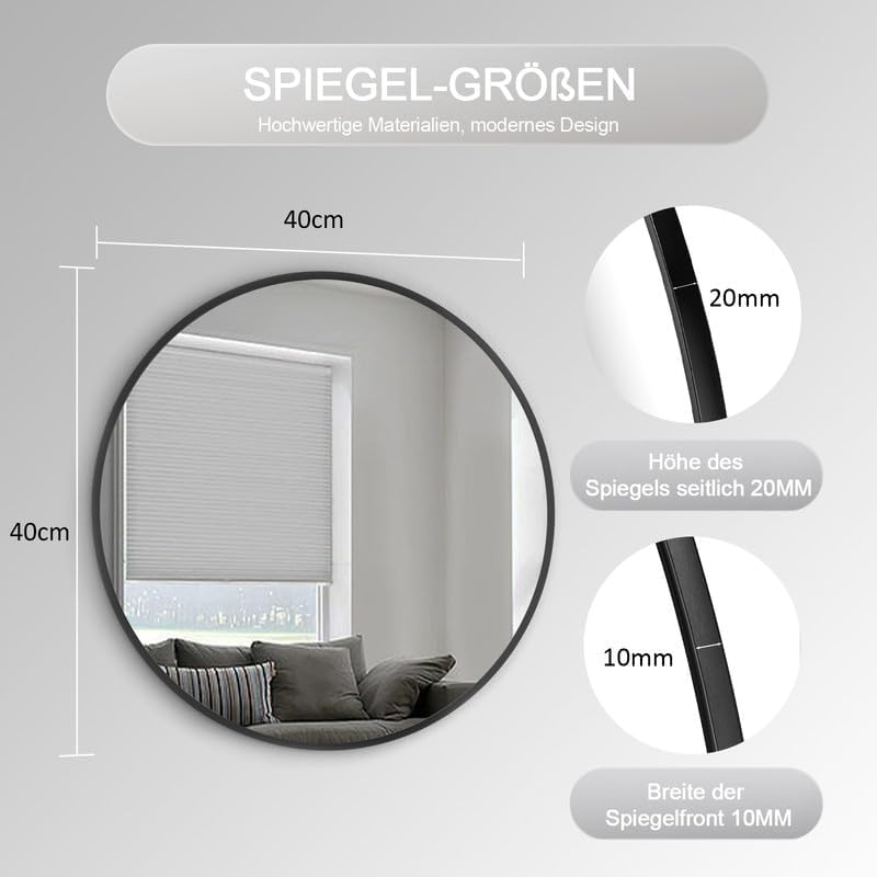 Goezes Runder Spiegel Schwarz 40cm Wandspiegel, Rund Schwarz Wandspiegel Metallrahmen Spiegel Dekora