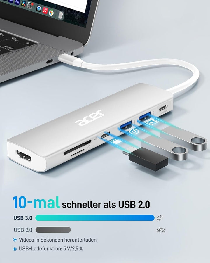Acer USB C Hub, 7-in-1 USB-C zu HDMI Splitter, 2 USB 3.1 GEN1 und 5 Gbps Typ-C Datenanschluss, 4K HD