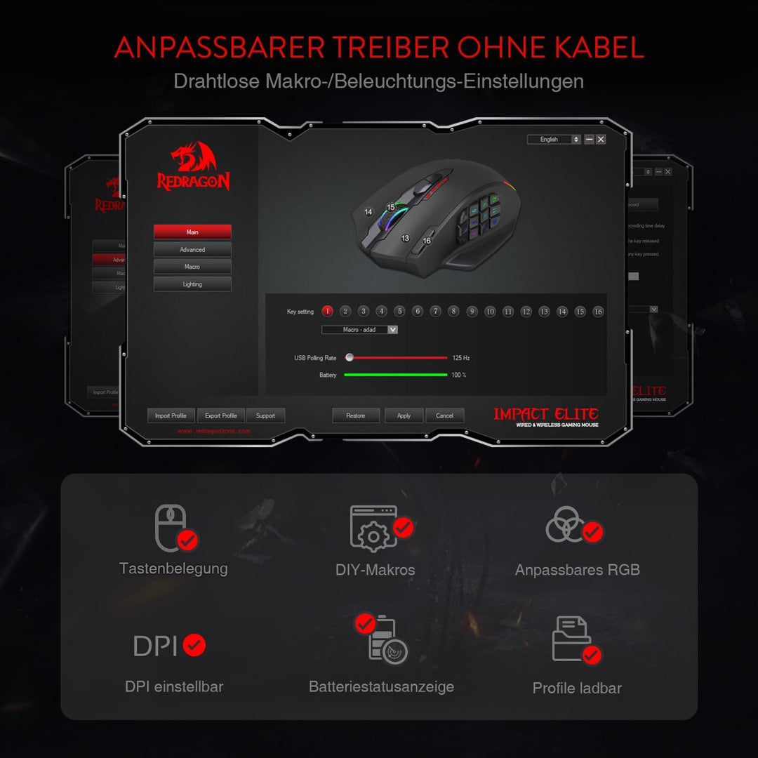 Redragon M913 Impact Elite Wireless Gaming Maus, 16000 DPI Verkabelte/Kabellose RGB Maus mit 20 Prog