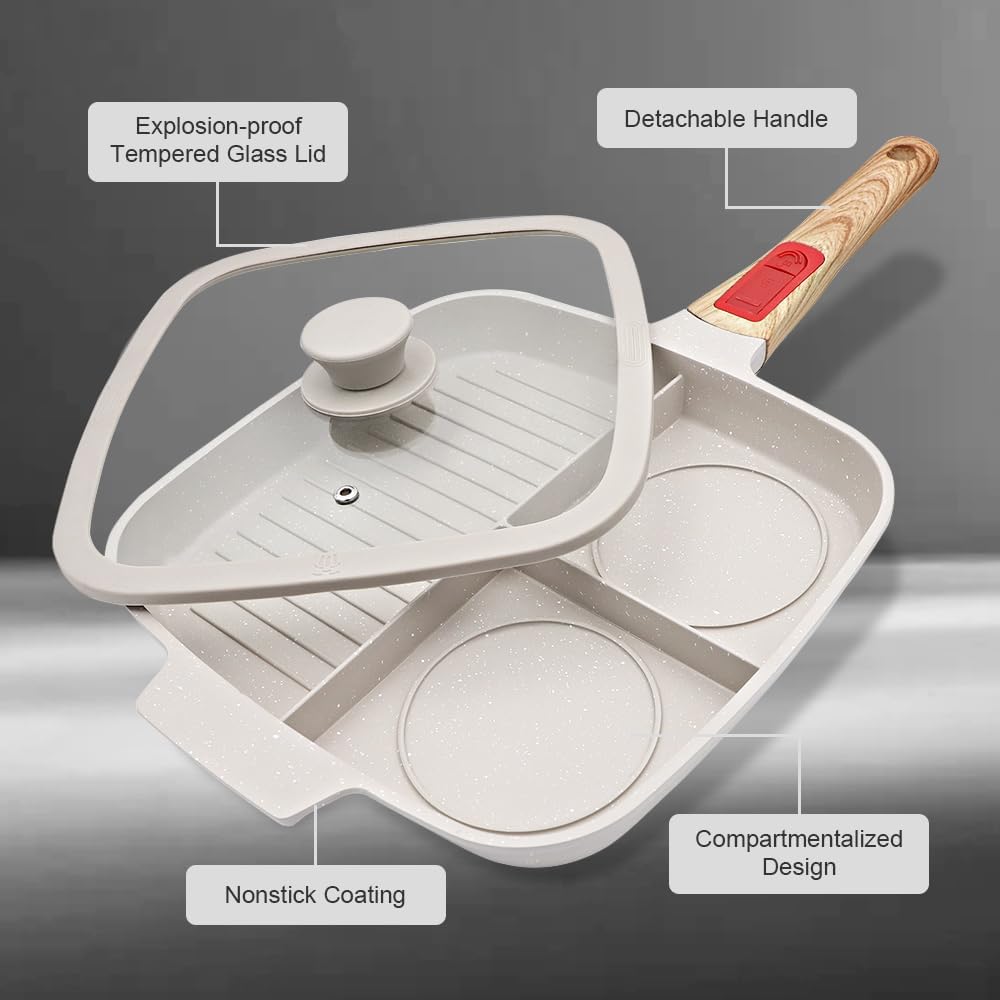 Bobikuke Multi Grillpfanne mit Deckel und Abnehmbarer Griff, Steakpfanne Induktion 3 in 1 - Weiss We