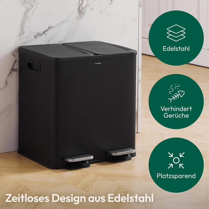 CASABEL Mülleimer Küche mit 2 Fächern, 2x15L, Tretmülleimer aus 100% Edelstahl, fingerabdruckresiste