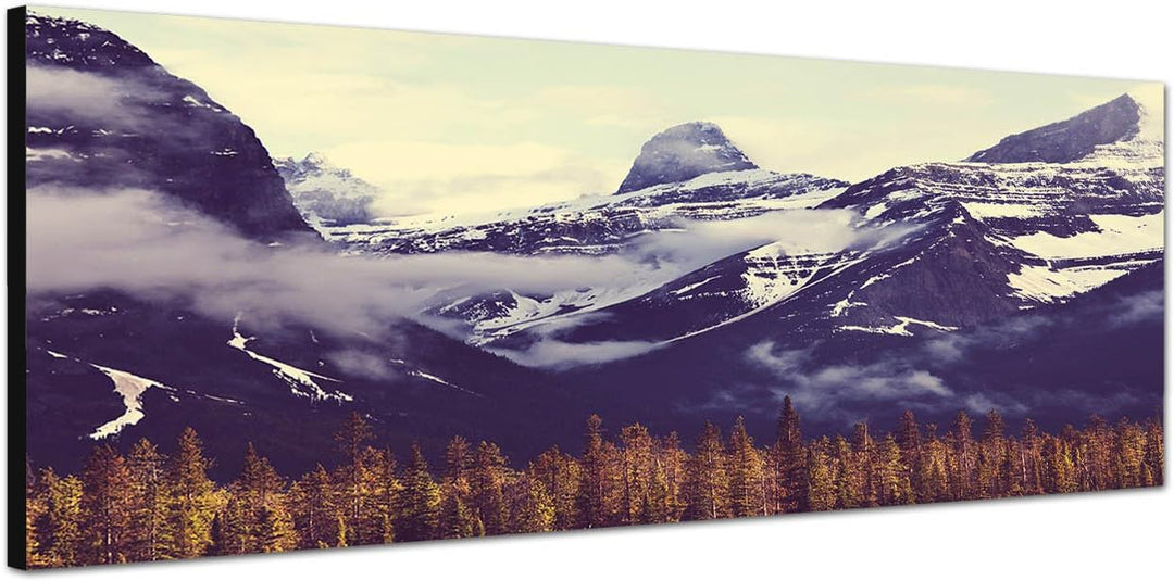 Paul Sinus Art Panoramabild auf Leinwand und Keilrahmen 150x50cm Kanada Berge Wald Schnee Nebel
