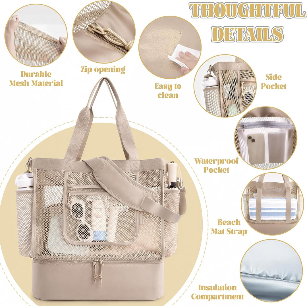Strandtasche mit Kühlfach - Grosse Mesh Beach Bag wasserdicht mit Reissverschluss &amp; Fächern, Abnehmb