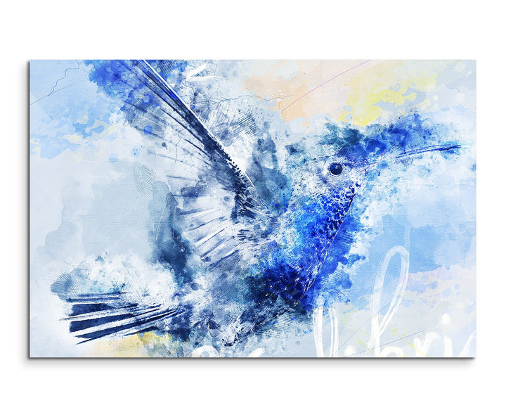 Paul Sinus Art Bild Leinwand 120x80cm Eleganter Kolibri im Flug in Blautönen mit Kalligraphie, 120x8