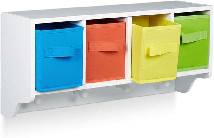 Relaxdays Kinder Wandregal ALBUS, Wandgarderobe mit 4 Kleiderhaken, Kinderregal mit 4 bunte Faltboxe