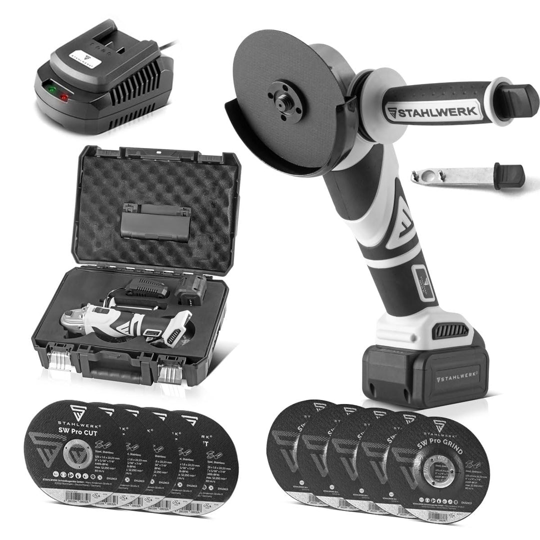 STAHLWERK Akku-Winkelschleifer 20 V Brushless (AWS-20 ST) – inkl. 4Ah Li-Ion Akku, Ladegerät, Maschi