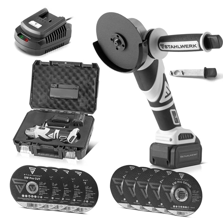 STAHLWERK Akku-Winkelschleifer 20 V Brushless (AWS-20 ST) – inkl. 4Ah Li-Ion Akku, Ladegerät, Maschi