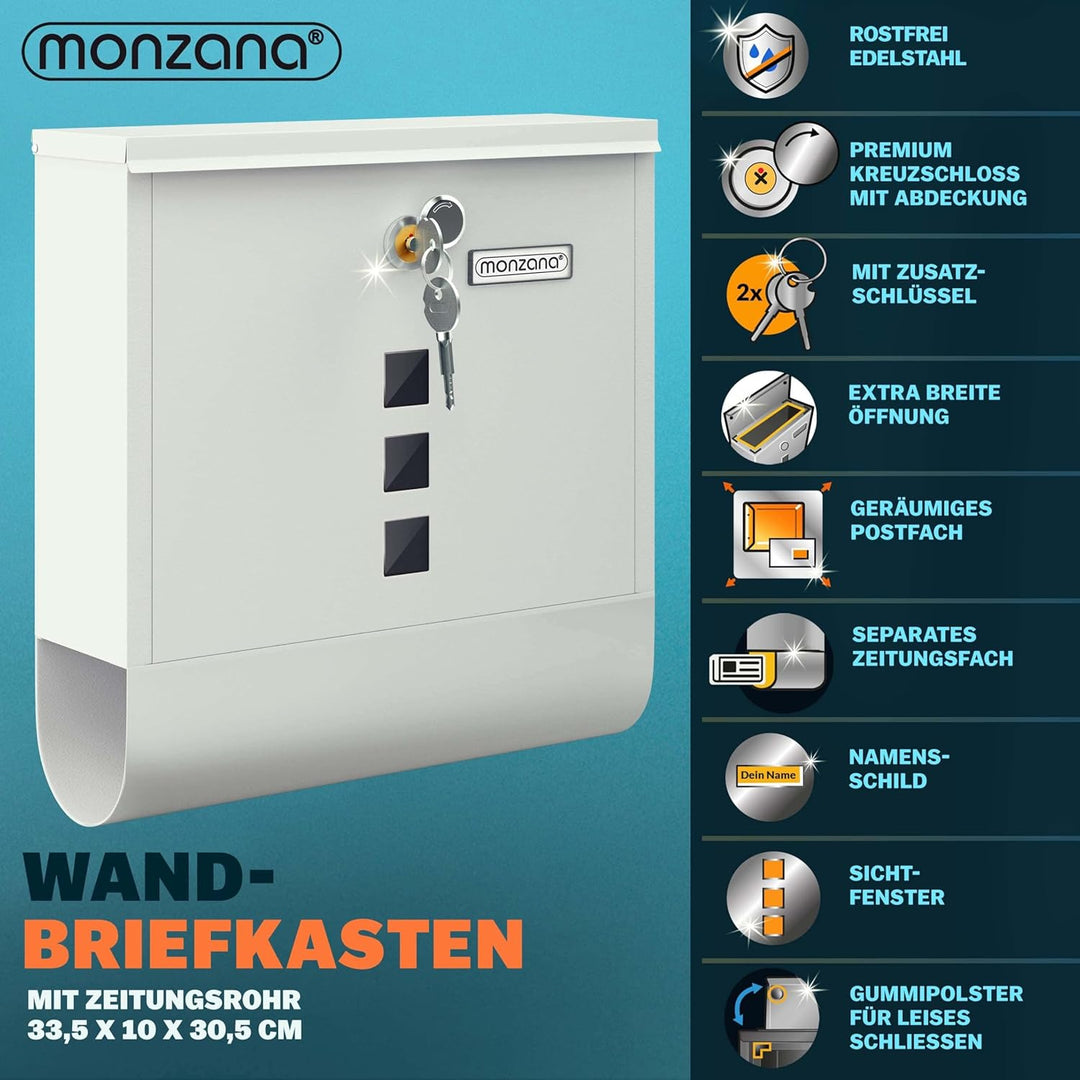 MONZANA® Design Briefkasten Stahl mit Zeitungsfach Sichtfenster Namensschild 2 Schlüssel Postkasten