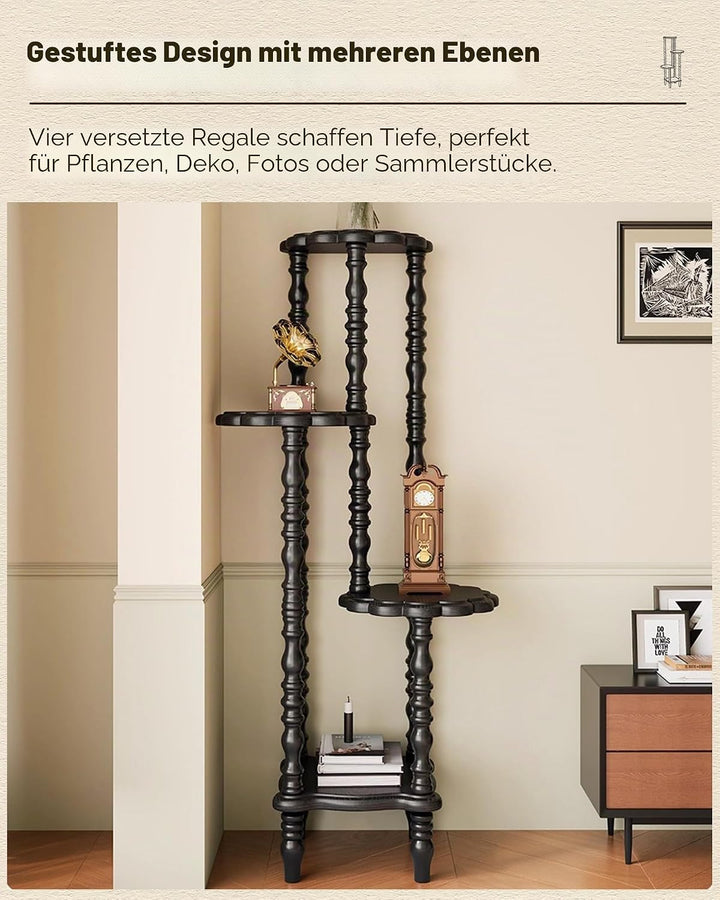 Vintage Eckregal mit 4 Ebenen, Massives Holz Standregal Lagerregal mit Eleganten Spindelbeinen, Büch