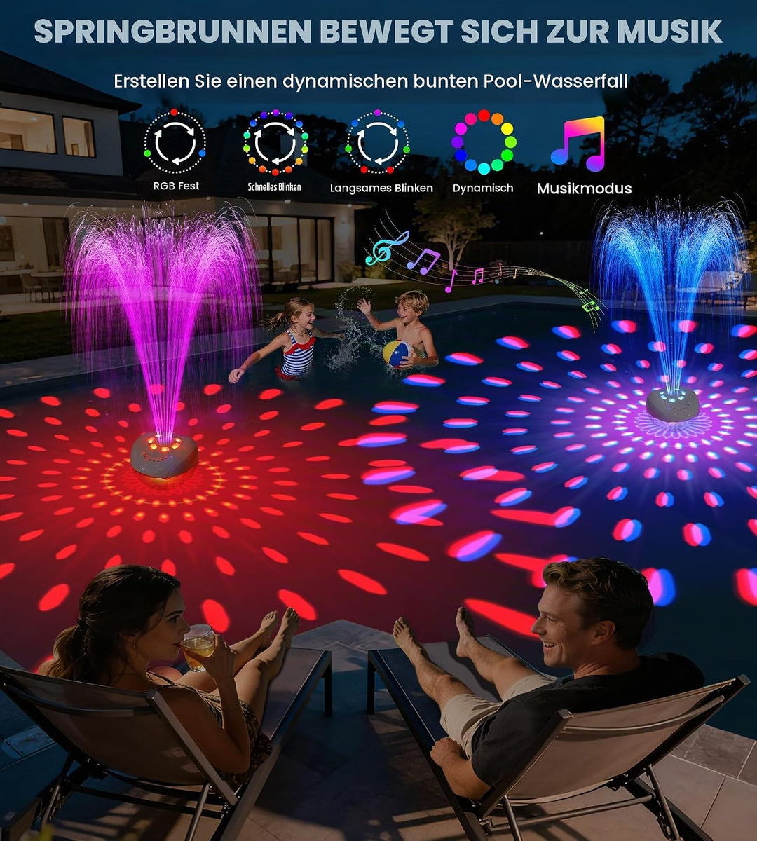Luxfero 3 in 1 Pool Lautsprecher mit Springbrunnen &amp; Pool Licht,Schwimmender Bluetooth Lautsprecher