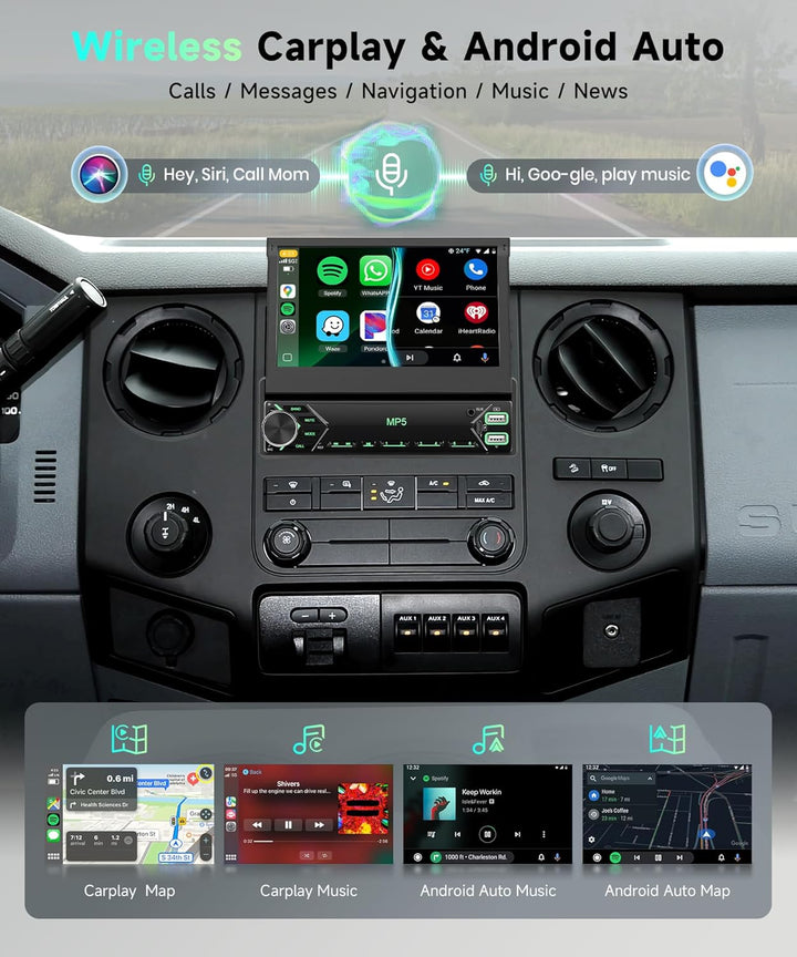 1 DIN Wireless Carplay Autoradio mit 7-Zoll manuell versenkbarem Touchscreen, Single Din Bluetooth R