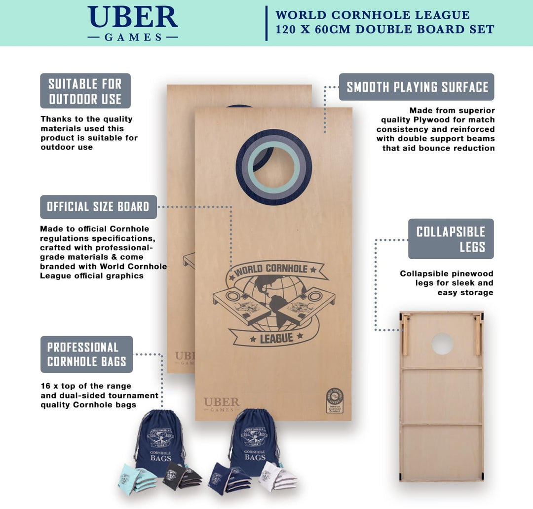 Uber Games - World Cornhole League - 120x60 cm Doppelbrett-Set & Tasche - Turnierqualität Board (4x2