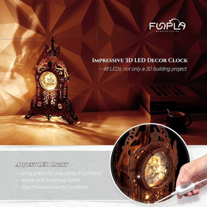 FUNPOLA 3D Puzzle Erwachsene LED Turm Uhr, 3D Holzpuzzle Erwachsene Gebäudemodell, 3D Puzzle Holzbau