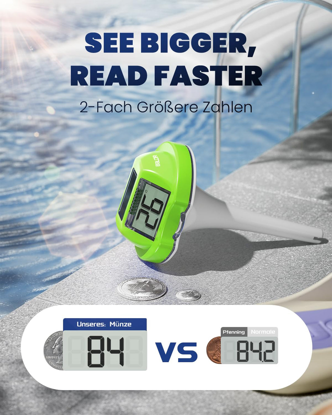 BALDR Solar Schwimmendes für Pool mit zwei grossen Displays | IPX7 wasserdichter digitaler Temperatu
