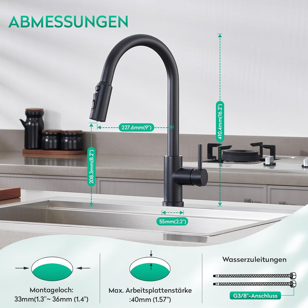 CREA 3 Wege Küchenarmatur mit Brause, Drei Wege Wasserhahn Küche Ausziehbar, 360° Drehbar 3 Wege Mis