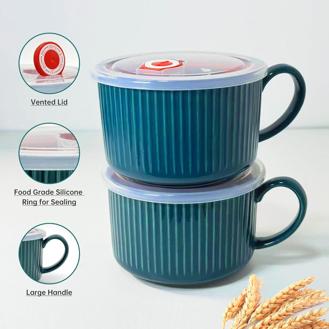 Keramik Suppenschalen mit Griff und Deckel, 750 ml Grosse Suppentasse für Suppe, Instant-Nudel, Müsl