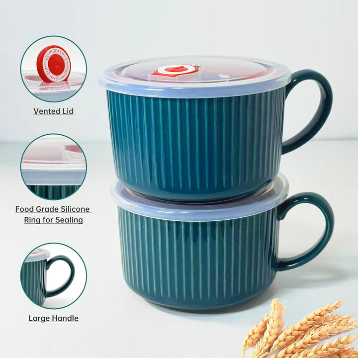 Keramik Suppenschalen mit Griff und Deckel, 750 ml Grosse Suppentasse für Suppe, Instant-Nudel, Müsl