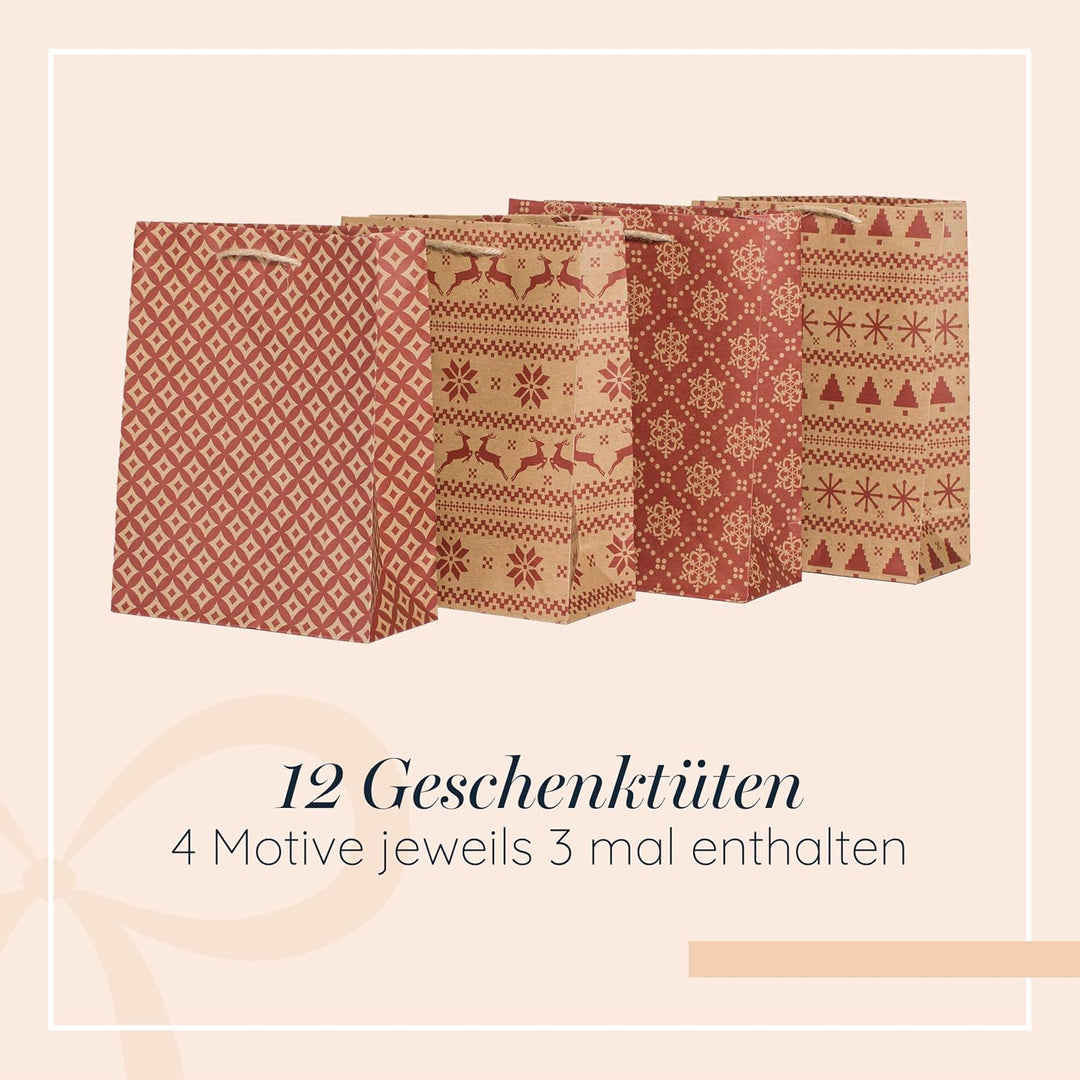 100% Mosel Geschenktüten Weihnachten, in Natur/Rot, 12 Stück (18 x 23 x 8 cm), Weihnachtstaschen aus