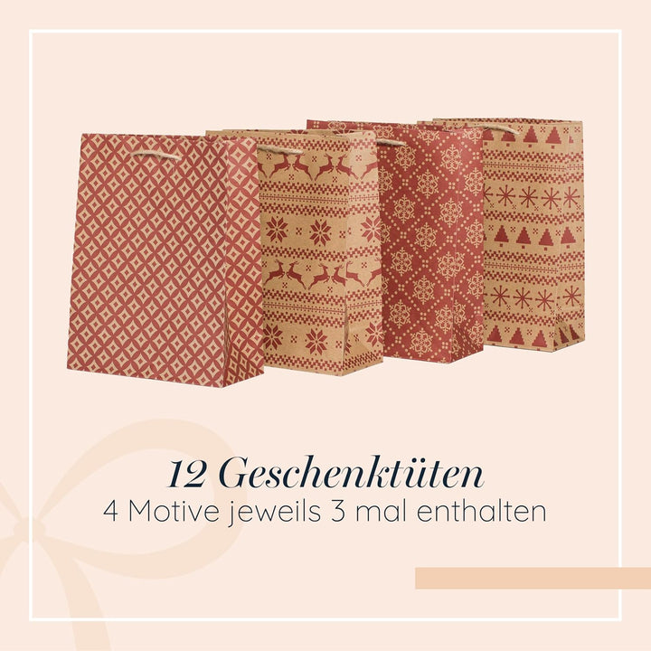 100% Mosel Geschenktüten Weihnachten, in Natur/Rot, 12 Stück (18 x 23 x 8 cm), Weihnachtstaschen aus