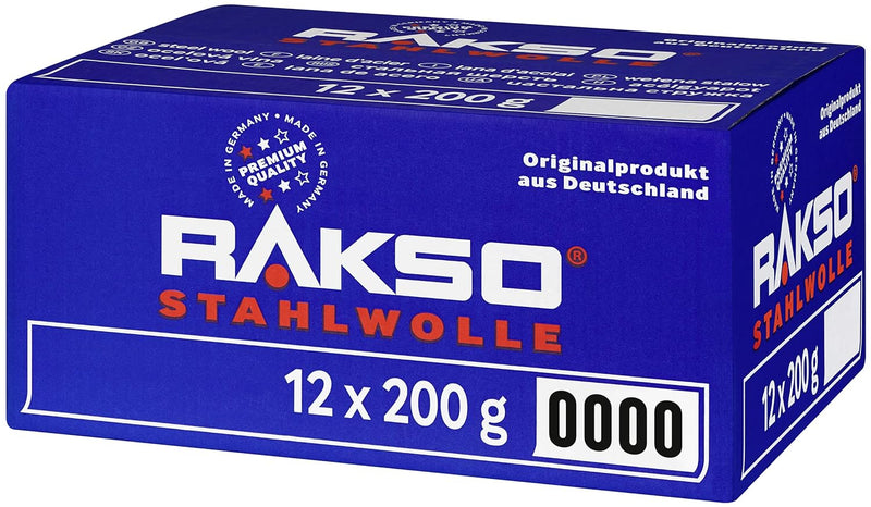 RAKSO Stahlwolle extrafein 0000-2,4 kg, 12 Banderolen à 200g, poliert gewachstes Holz, Kupfer, Messi