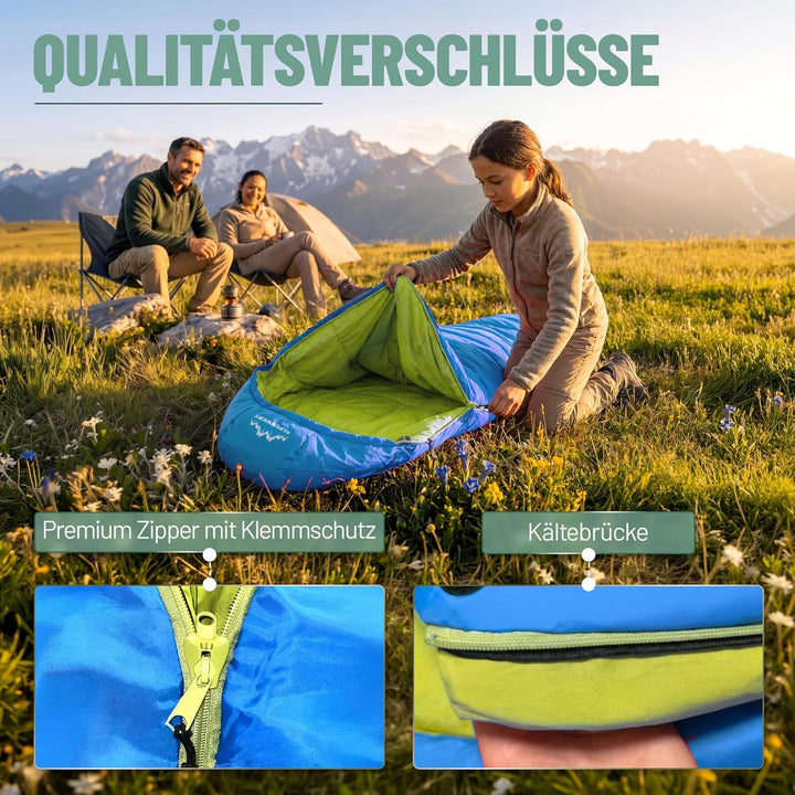 ALPENWERT® Kinderschlafsack Sommer – wächst mit! [130–170cm] – Nur 920g, Kompakt [32×19cm] – Perfekt