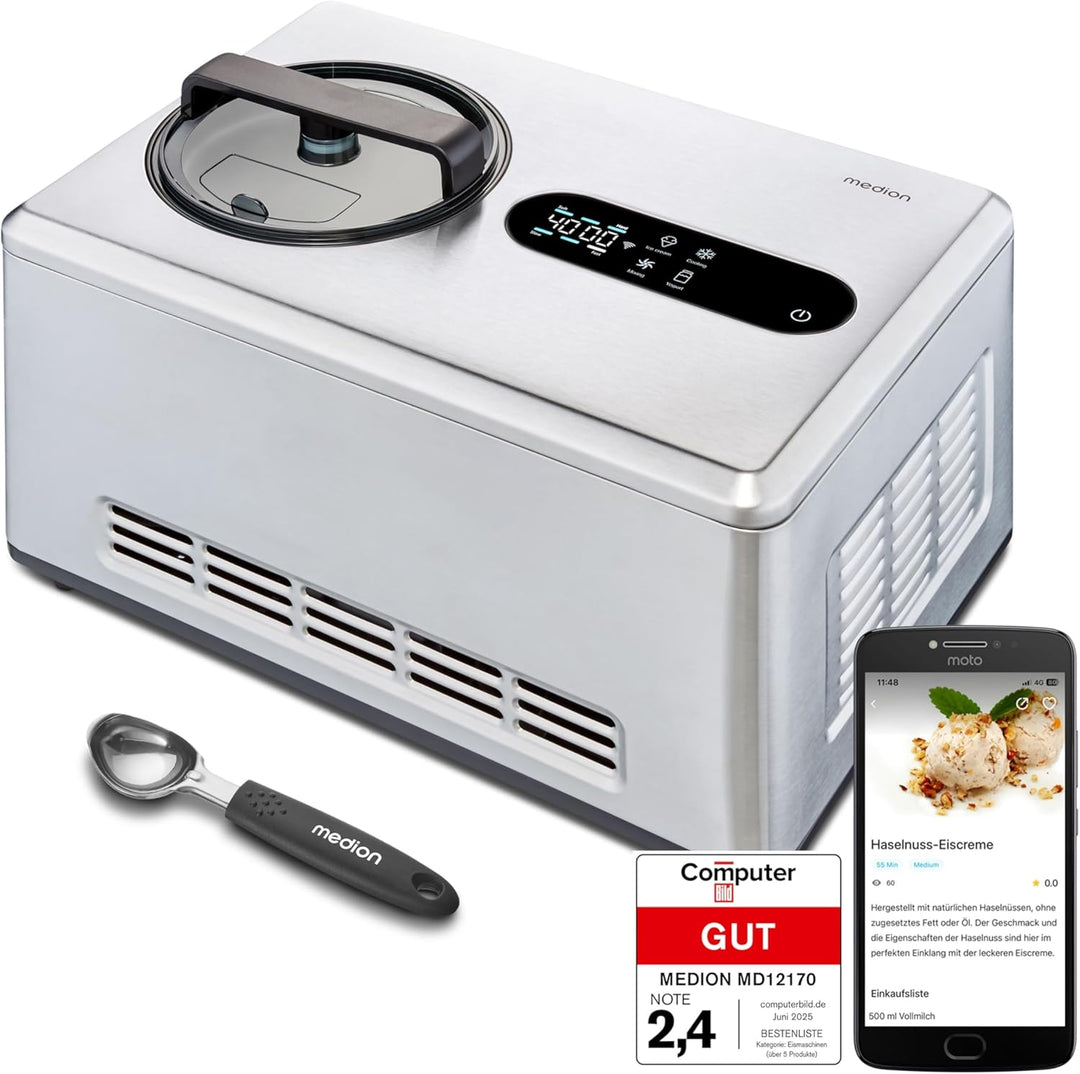 MEDION smarte Eismaschine mit Kompressor (selbstkühlend, App Steuerung inkl. Eis-Rezepte, LED Displa
