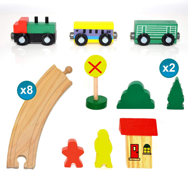 messefix 20 Teile Holzeisenbahn Set - 1m Holzschienen - Eisenbahn Starter Set Holzzug mit Schienen -