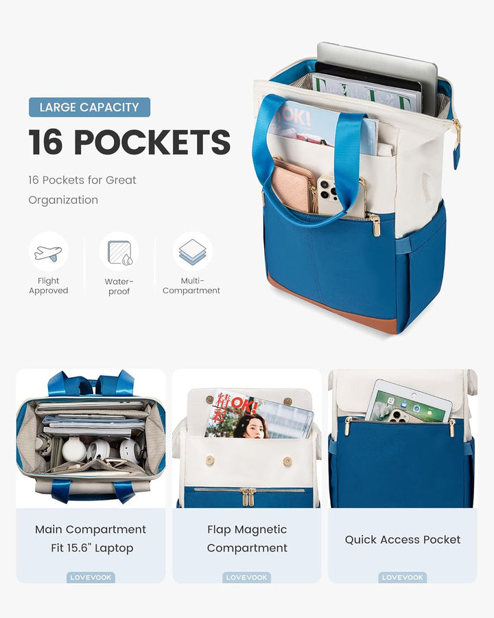 LOVEVOOK Rucksack Damen Blau, Laptoprucksack mit USB, Schultasche Teenager, Backpack Women Elegant,