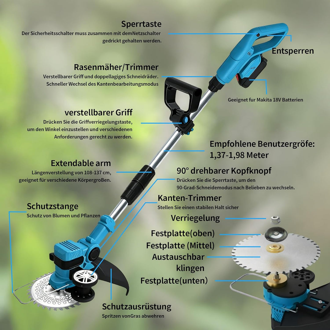Akku-Rasenmäher mit Rasenkantenschneider Akku Rasentrimmer mit 2 * 3000mAh Batterien,Elektrischer Mo