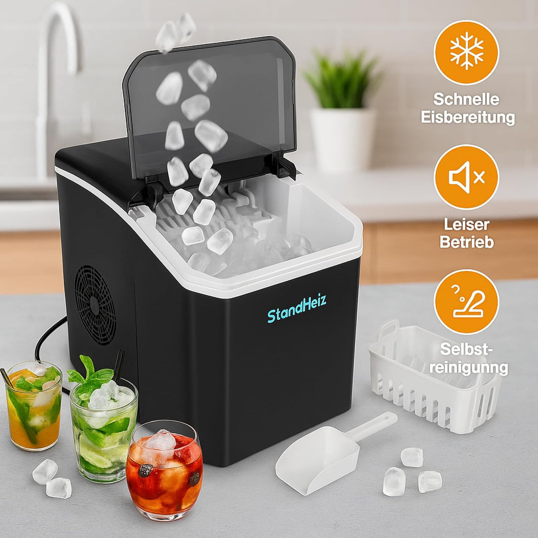Eiswürfelmaschine Schwarz 12 kg / 24 h – Selbstreinigender Ice Maker mit 2 Grössen grosse Eiswürfel,