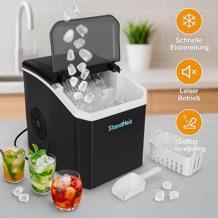 Eiswürfelmaschine Schwarz 12 kg / 24 h – Selbstreinigender Ice Maker mit 2 Grössen grosse Eiswürfel,
