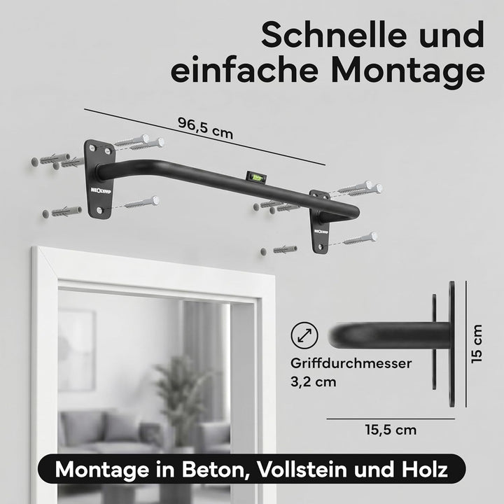 NEOLYMP Klimmzugstange Wandmontage bis 200kg – Stabile Pull Up Bar aus Premium Stahl für Home Gym, O